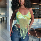 Women's green crochet crop top with fringe, perfect for summer outfits