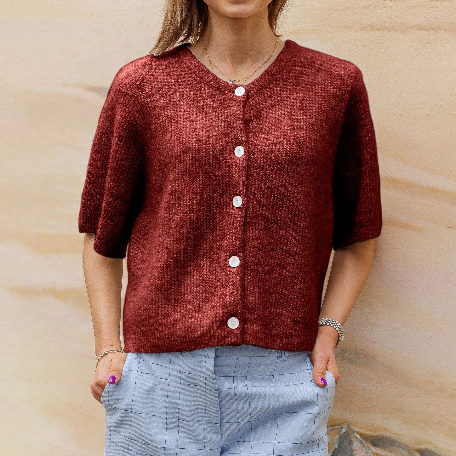 Women's rust crop top, lightweight knit, perfect for casual outings