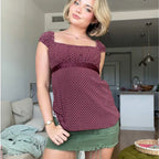 Women's burgundy crop top with polka dots, perfect for casual outings
