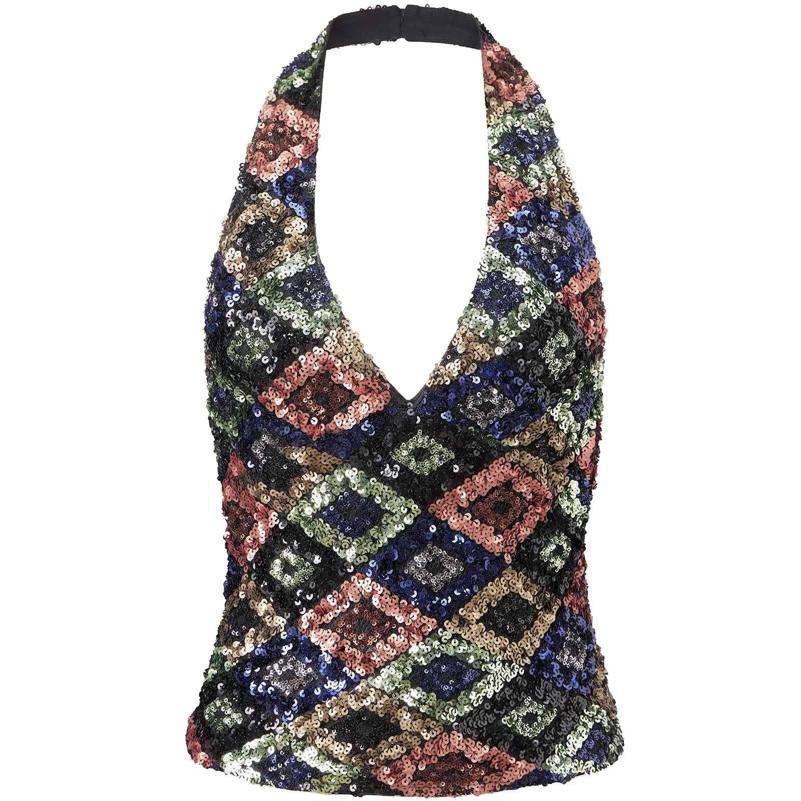 Women's sequined halter crop top, vibrant colors, perfect for parties