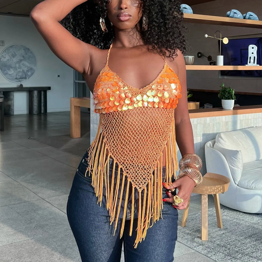 Women's orange crochet crop top with sequins for summer outings