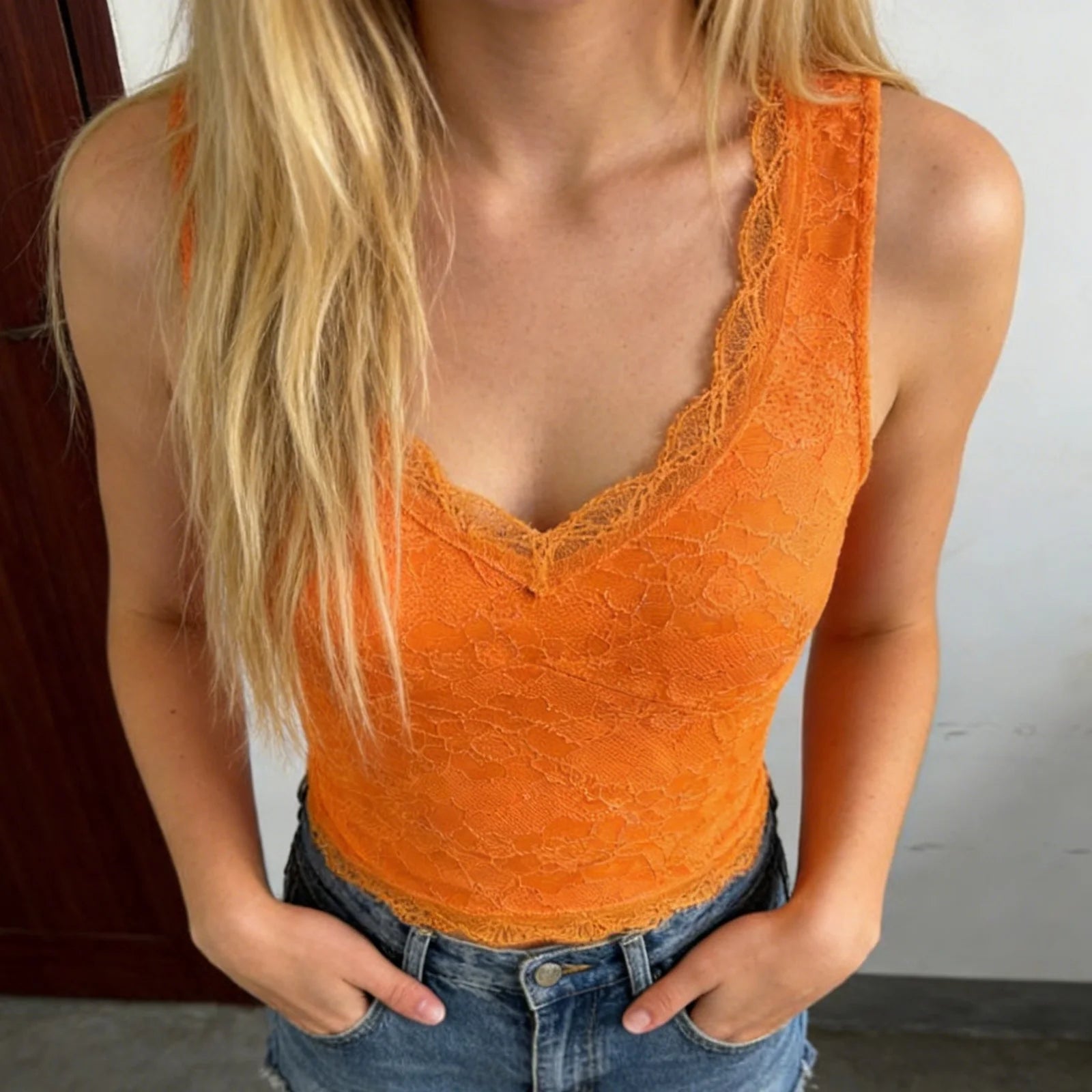 Orange lace crop top for casual summer outings