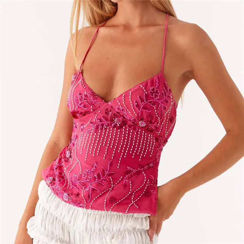 Women's pink crop top with sparkling floral embellishments for summer outings