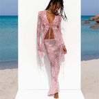 Women's pink sheer outfit set with tie-front crop top, beachwear