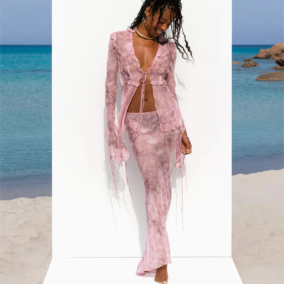 Women's pink sheer outfit set with tie-front crop top, beachwear