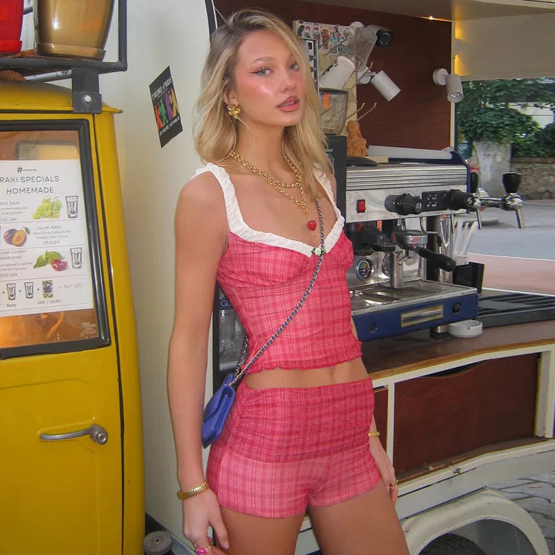 Women's pink crop top and short set, perfect for summer outings