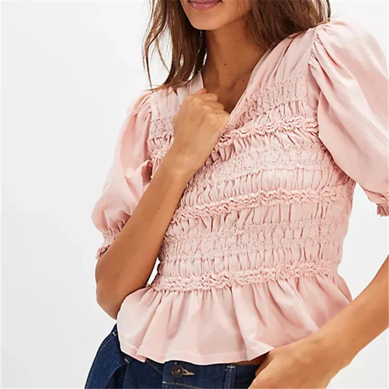 Women's pink smocked crop top, lightweight fabric, casual wear