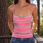 Women's pink striped crop top, stretchy cotton, perfect for casual outings