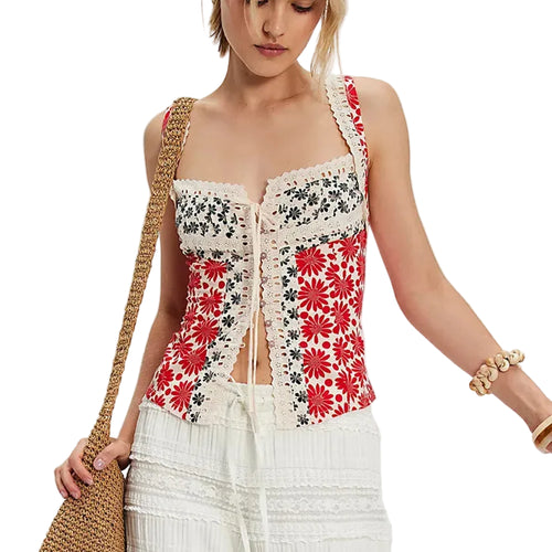 Women's floral crop top in vibrant colors, perfect for summer outings