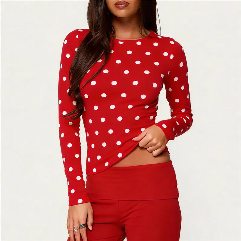 Women's red polka dot crop top, stretchy material for casual wear