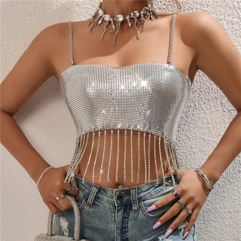 Women's silver crop top with sparkling rhinestones, perfect for parties