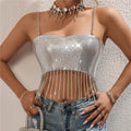 Women's silver crop top with sparkling rhinestones, perfect for parties