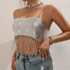 Women's silver rhinestone crop top with fringe, perfect for parties