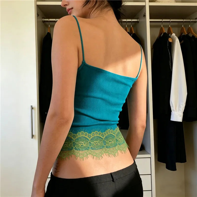Women's teal crop top with lace trim, perfect for casual outings