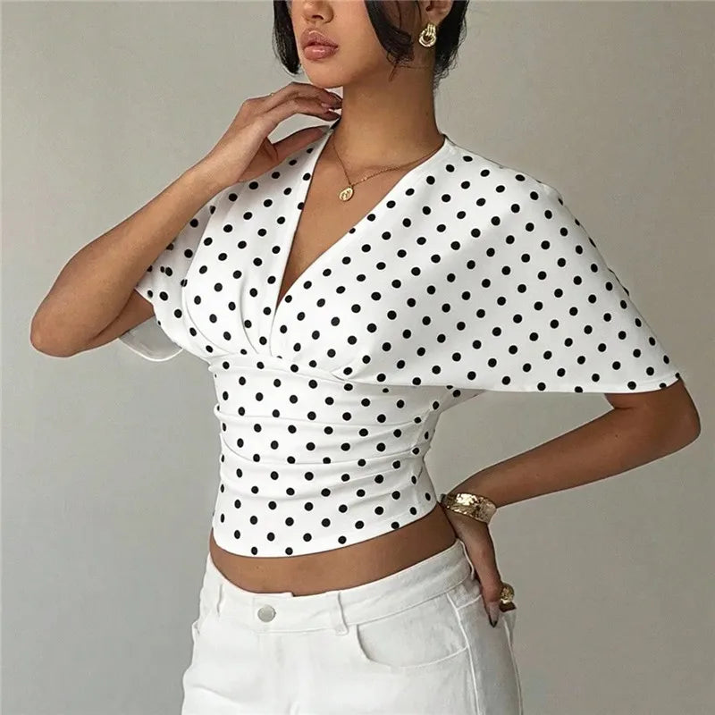 Women's white polka dot crop top, stylish and versatile for casual wear