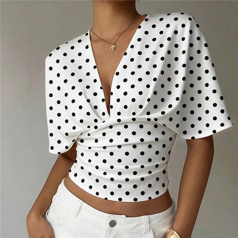 Women's white polka dot crop top, perfect for casual outings