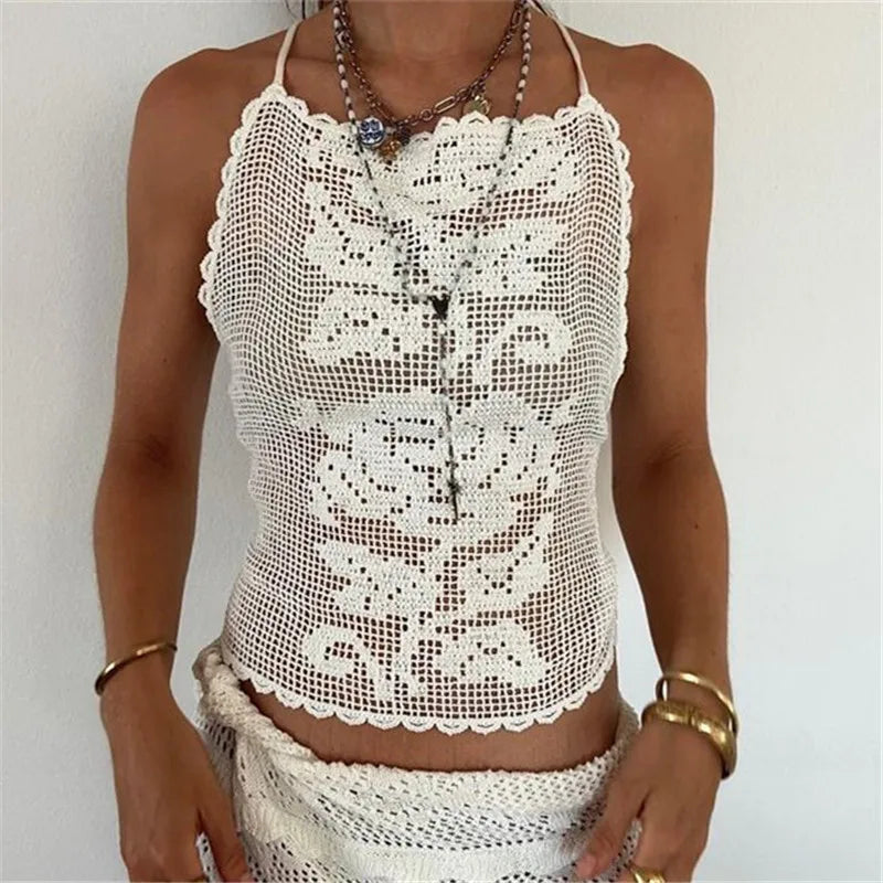Women's crochet crop top in cream for summer beach wear