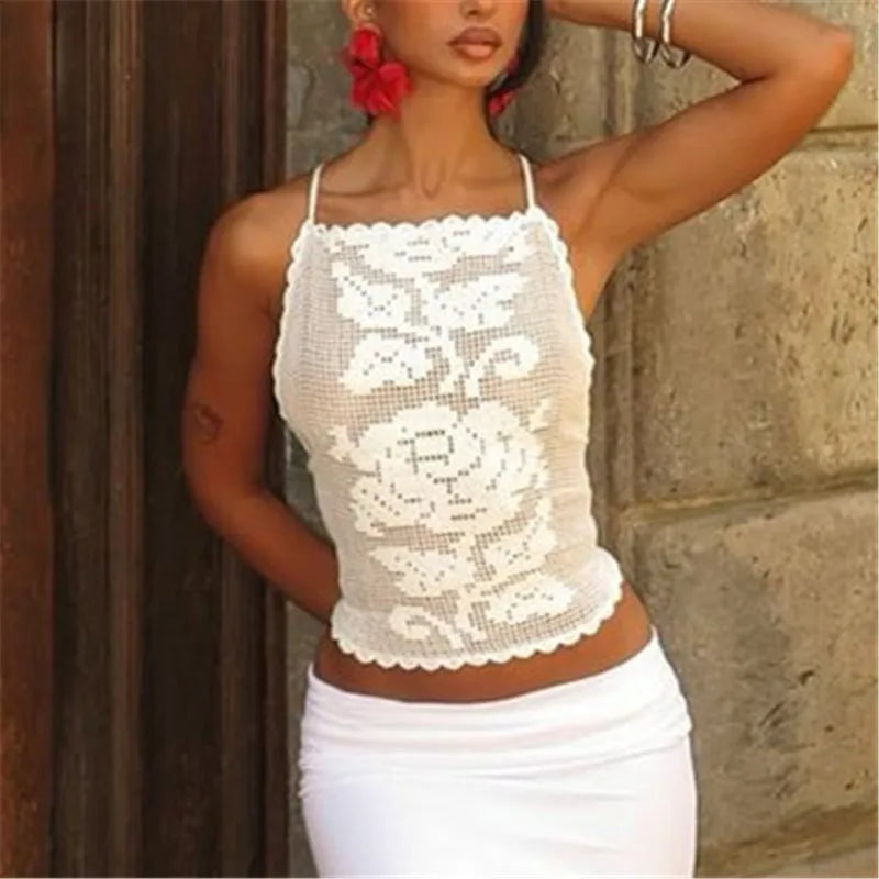 Women's white crochet crop top, perfect for summer outings