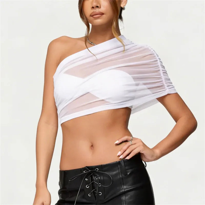 Women's sheer white crop top, stylish for summer outings