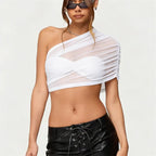 White sheer one-shoulder crop top for stylish summer outfits