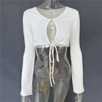 White crop top with long sleeves and tie front, perfect for casual outings