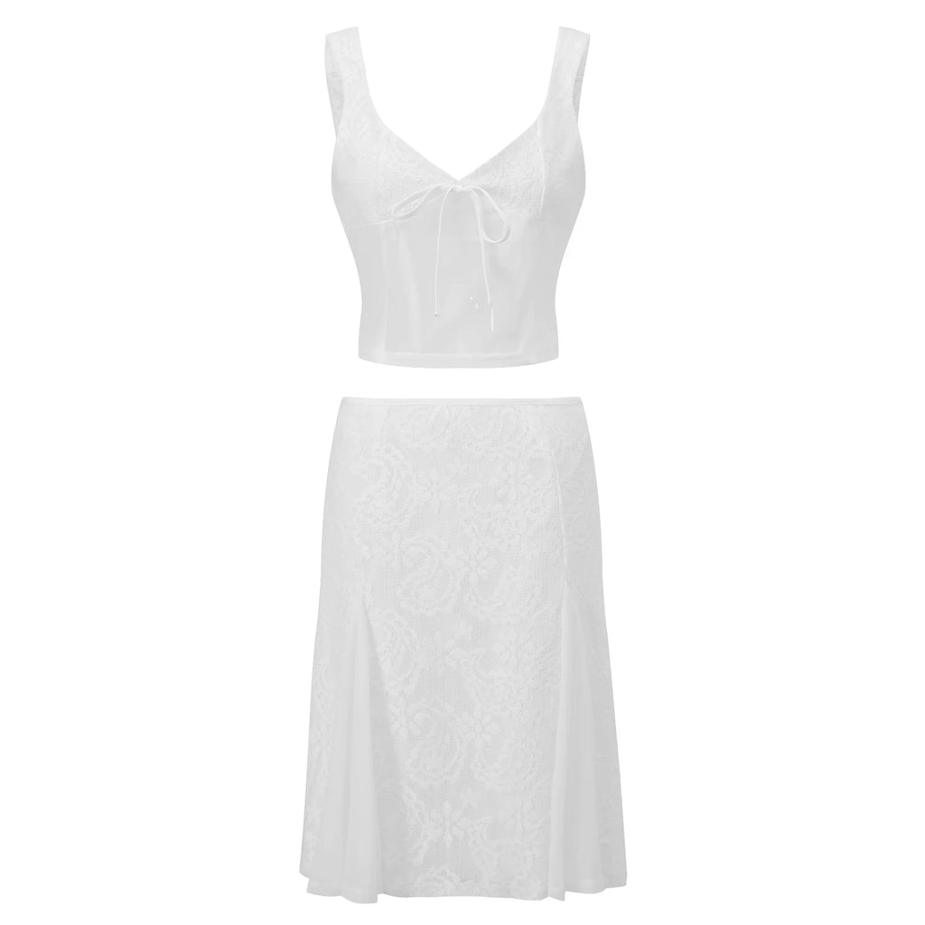 White women's crop top and skirt set, perfect for summer outings