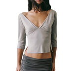 Women's Crop Top with V-Neck and 3/4 Sleeves