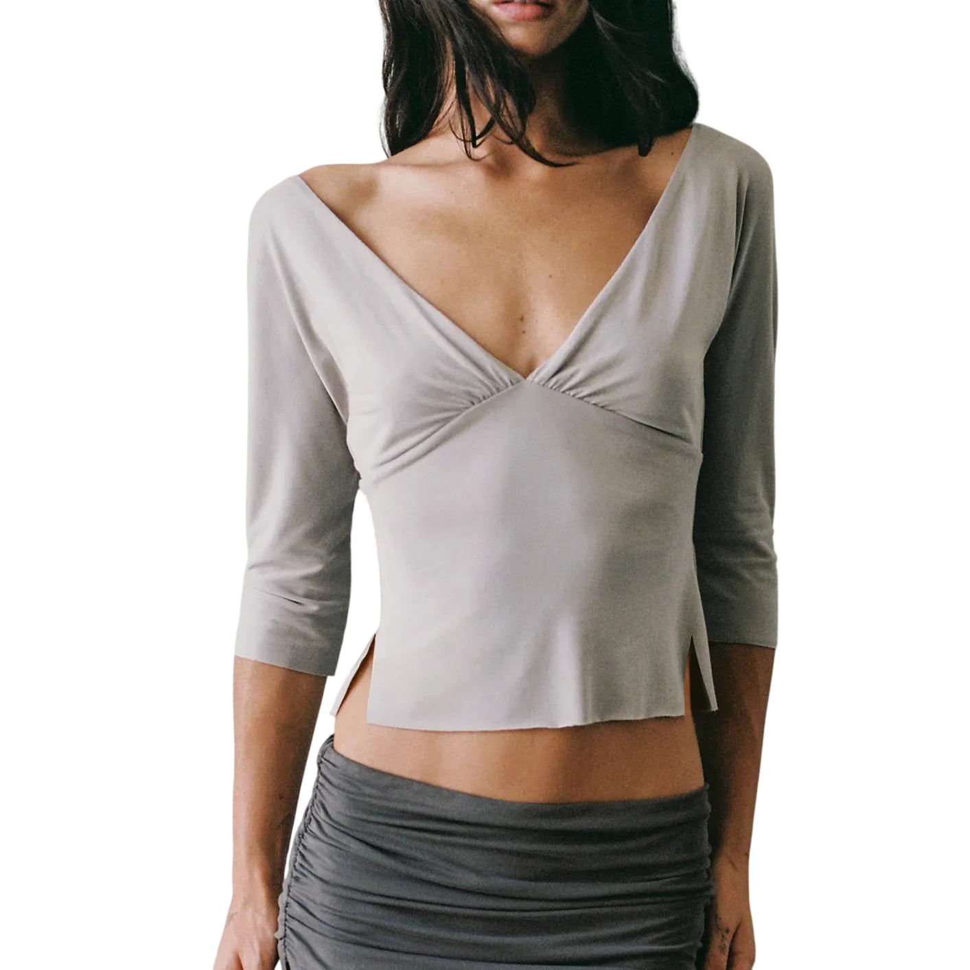 Women's Crop Top with V-Neck and 3/4 Sleeves