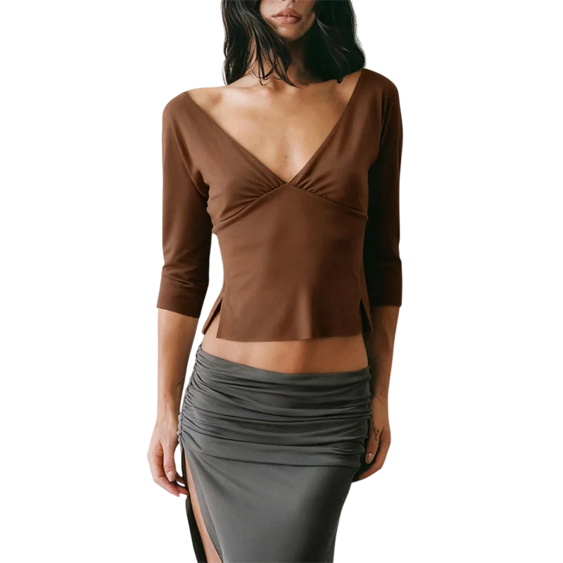 Women's Crop Top with V-Neck and 3/4 Sleeves