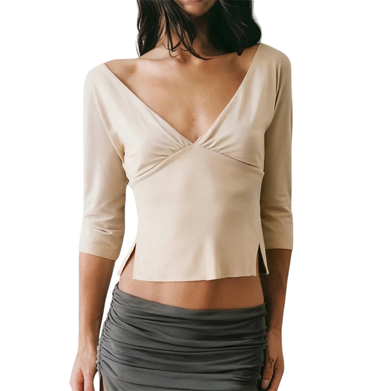 Women's Crop Top with V-Neck and 3/4 Sleeves