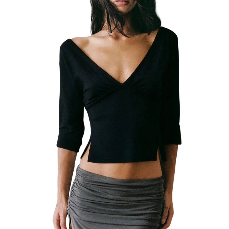 Women's Crop Top with V-Neck and 3/4 Sleeves