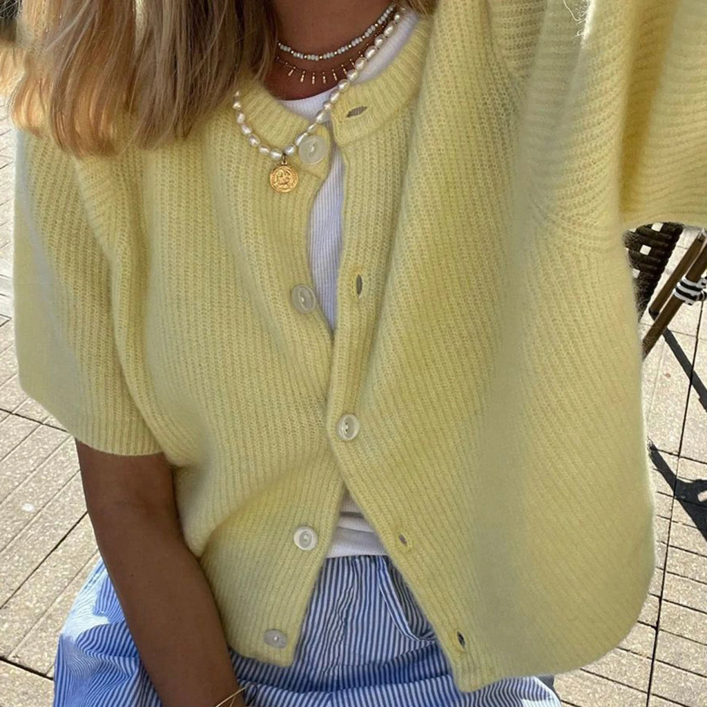 Women's yellow cropped cardigan top, lightweight for casual wear