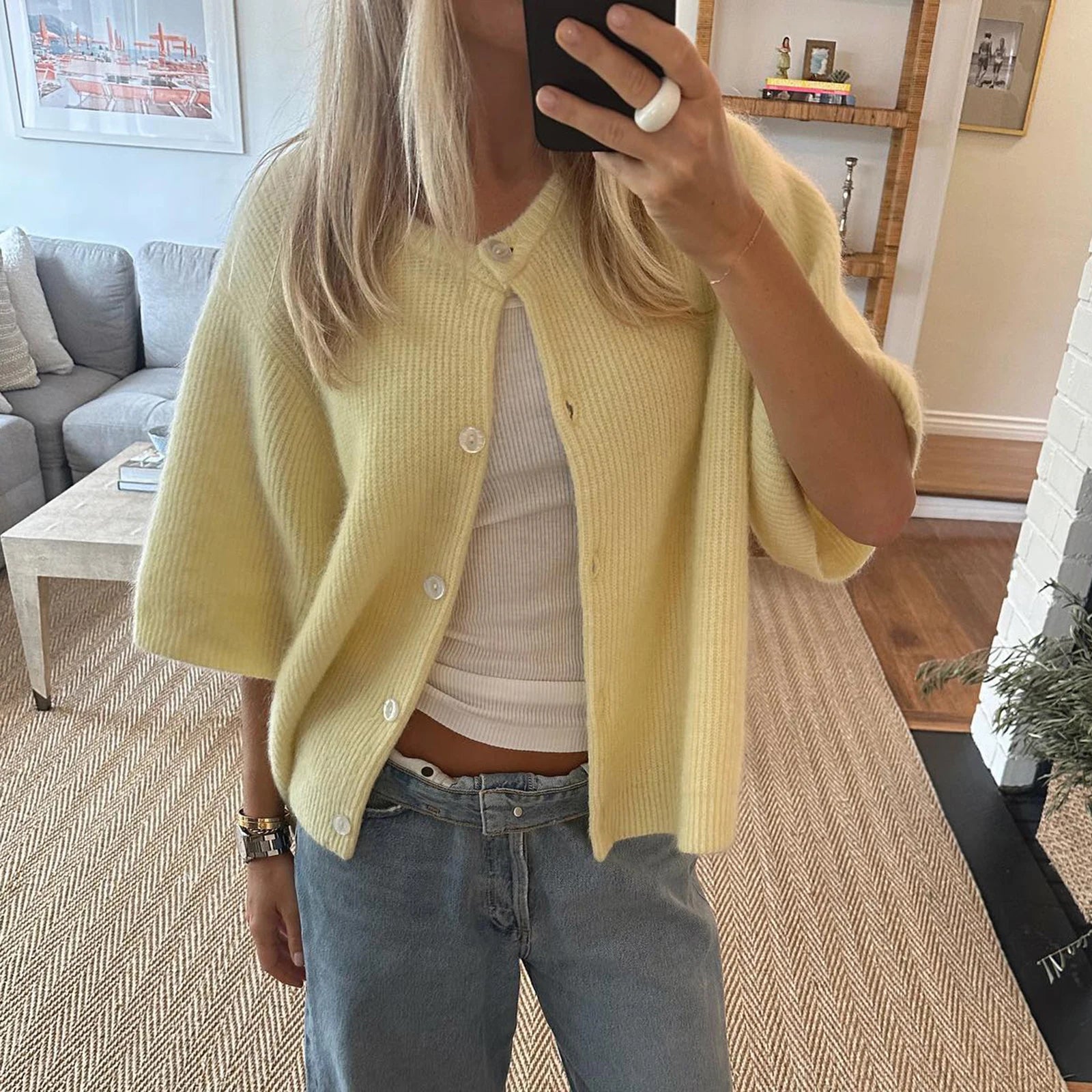 Women's yellow crop top sweater, soft material for casual wear