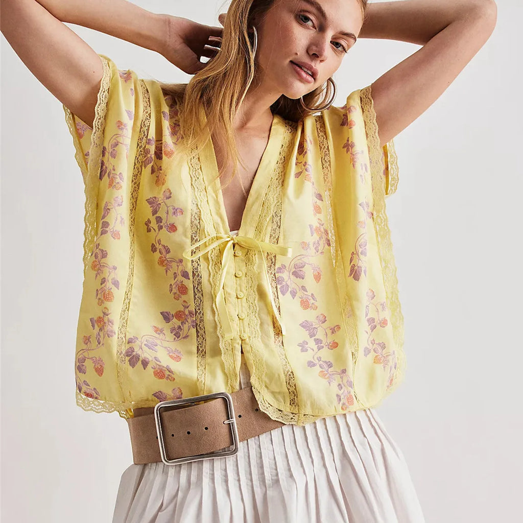 Women's yellow floral crop top, lightweight fabric for summer wear