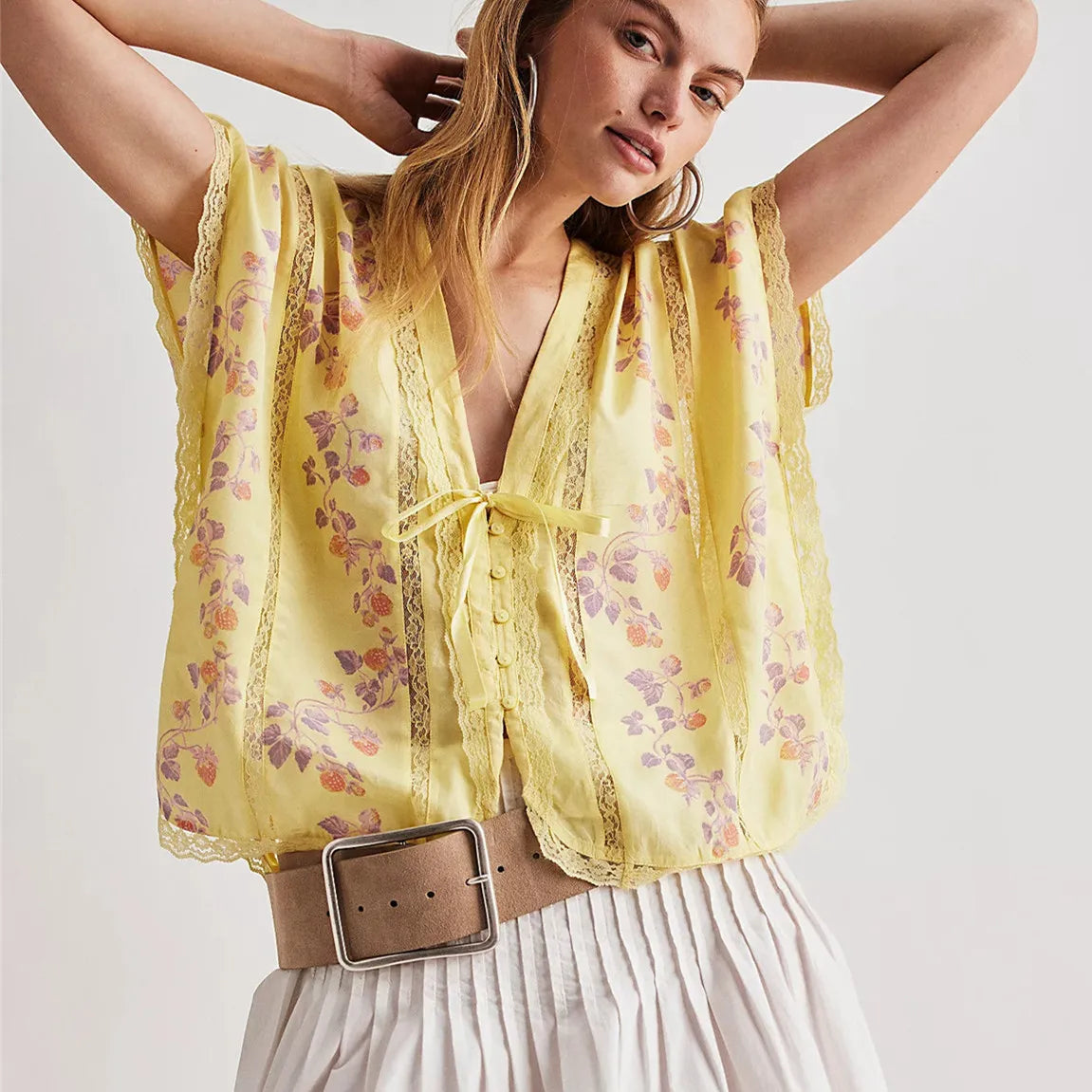 Women's yellow floral crop top, lightweight fabric for summer wear