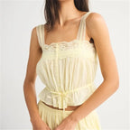 Women's yellow lace-trimmed crop top, lightweight for summer wear