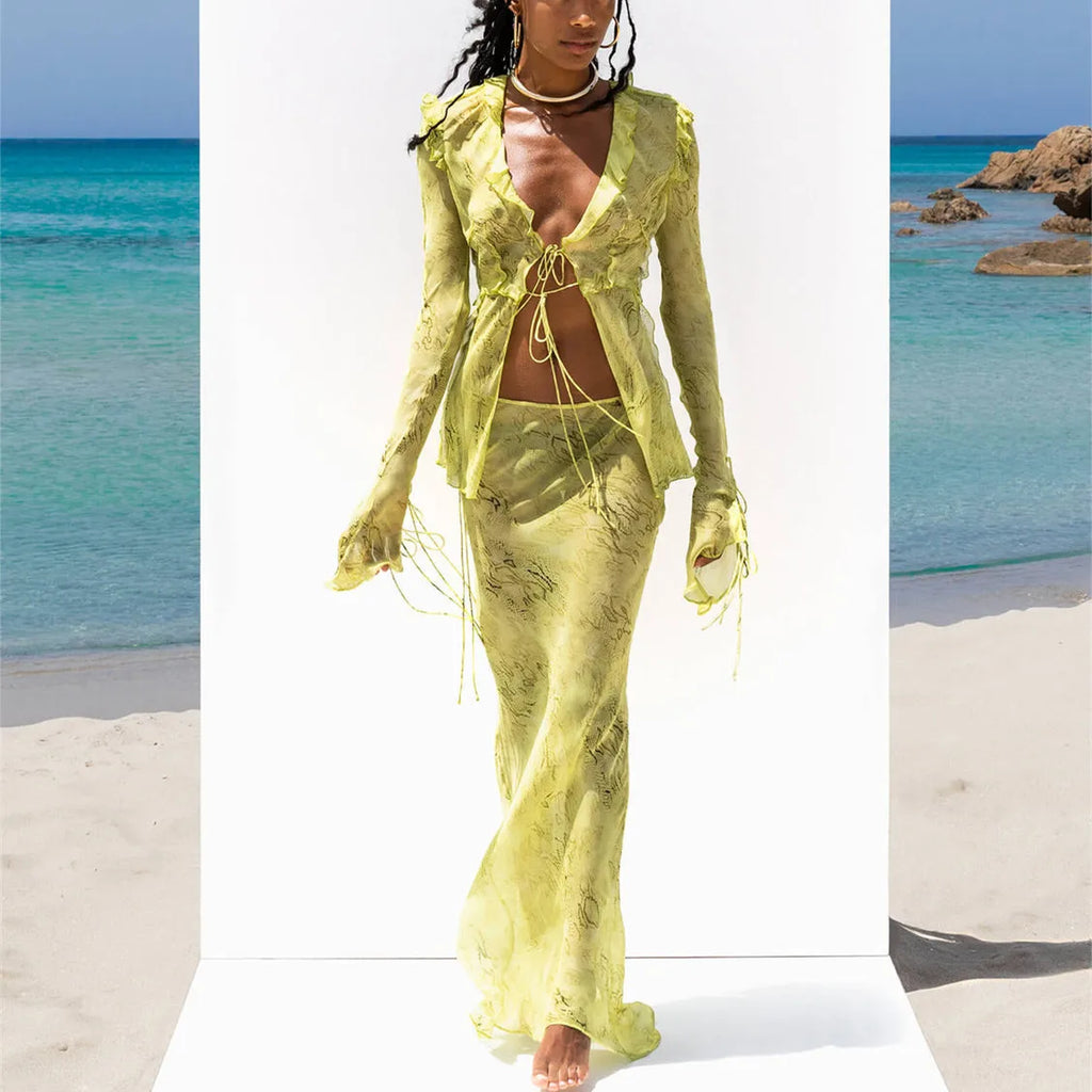 Women's yellow crop top and matching skirt set for beachwear