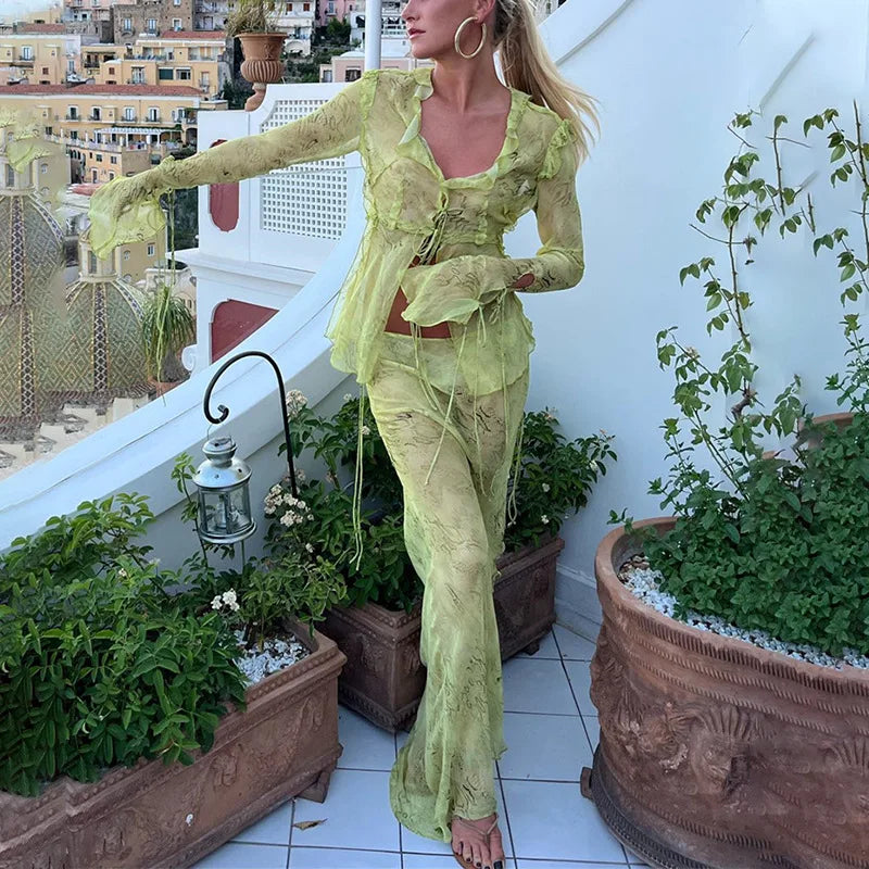 Women's sheer green outfit set with crop top, perfect for summer outings
