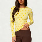 Yellow polka dot crop top, lightweight fabric, perfect for casual outings