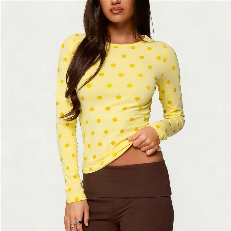 Yellow polka dot crop top, lightweight fabric, perfect for casual outings