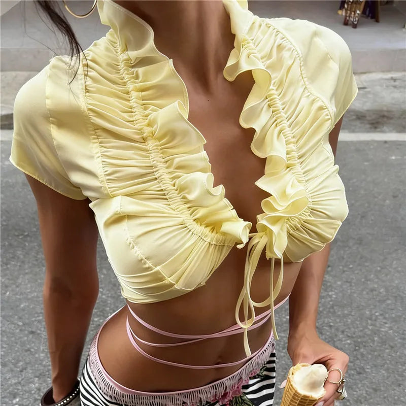 Women's yellow crop top, ruffled design, perfect for summer outings