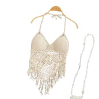 Women's crochet crop top in beige, perfect for beach outings