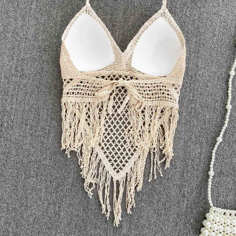 Women's beige crochet crop tops, perfect for summer outings