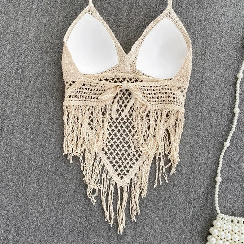 Women's beige crochet crop tops, perfect for summer outings