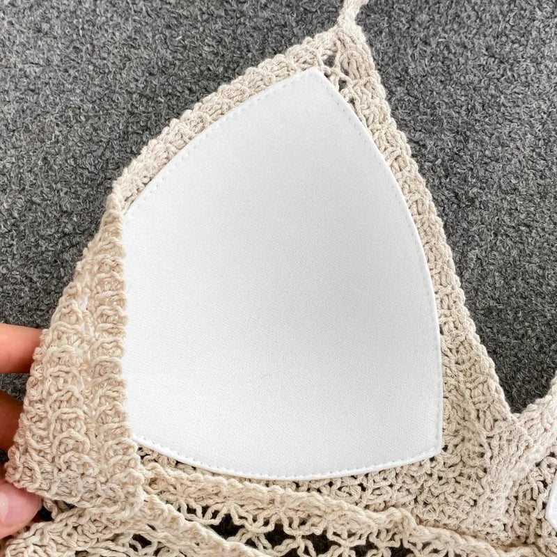 Women's beige crochet crop tops with soft lining for summer wear
