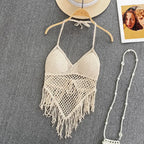 Women's crochet crop tops, beige cotton, perfect for summer beach outings