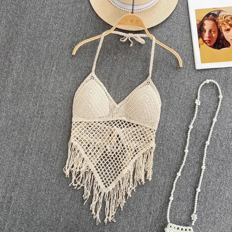 Women's crochet crop tops, beige cotton, perfect for summer beach outings