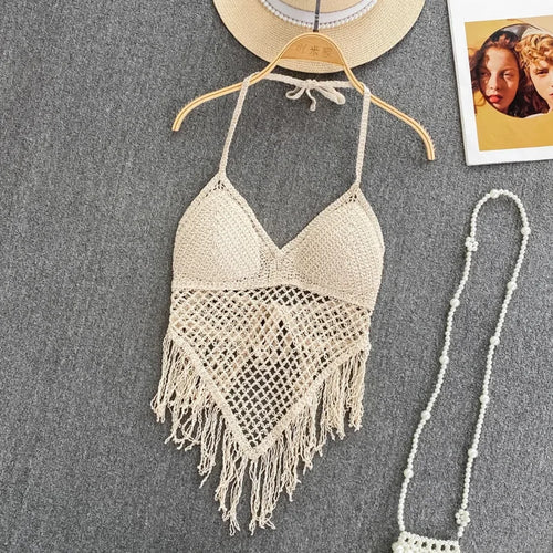 Women's crochet crop tops, beige cotton, perfect for summer beach outings