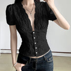 Women's black crop tops, lace material, perfect for casual outings