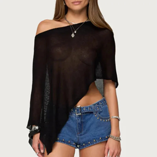 Women's black sheer crop top, perfect for summer festivals